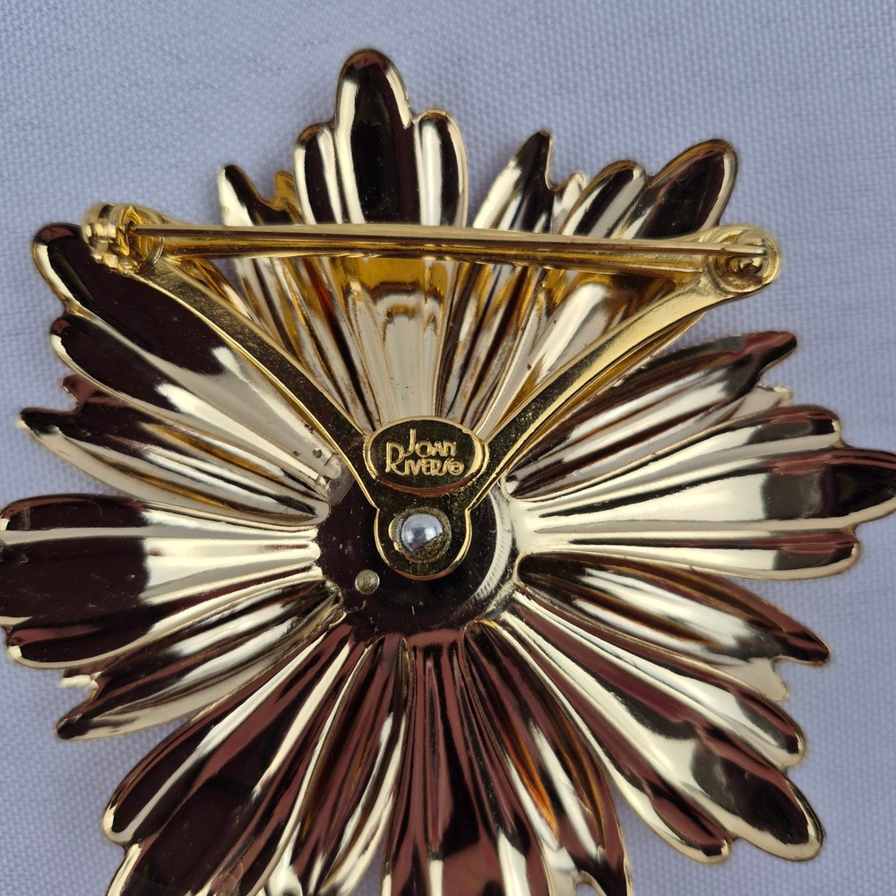 Joan Rivers Vtg 90s Orange Chrysanthemum Brooch & Clip Earrings Rhinestone - Picture 3 of 10